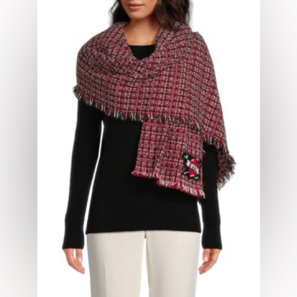 Karl Lagerfeld Paris Plaid Tweed Scarf – Red & Black – Fringed Edges